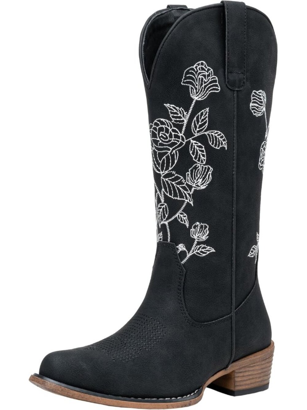 Women's Black Western Cowboy Mid Calf Boots with Embroidery Flower Low Heel